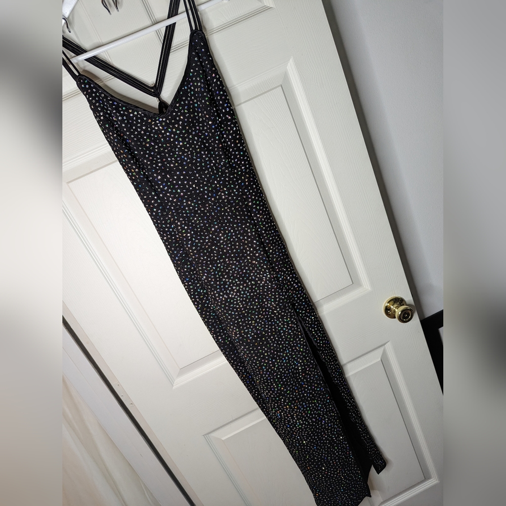 L.A. Glow Vintage long black strappy dress with glitter accents size 7/8 Y2k